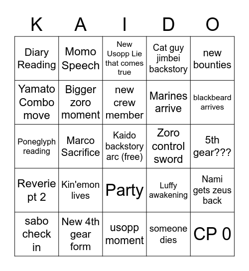 Wano Bingo Card