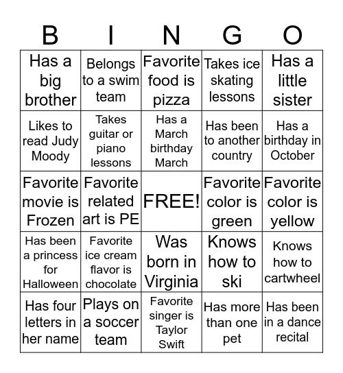 Brownie Troop 3836 Fun Facts Bingo Card