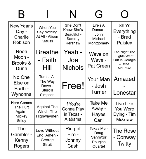 Country Bingo Card