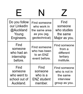 Speed Interviewing Bingo Card