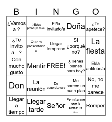 Spanish 3 Chapter 2 B Bingo Card