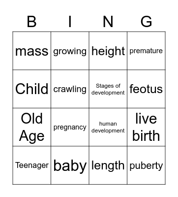 Stages of human development Bingo Card