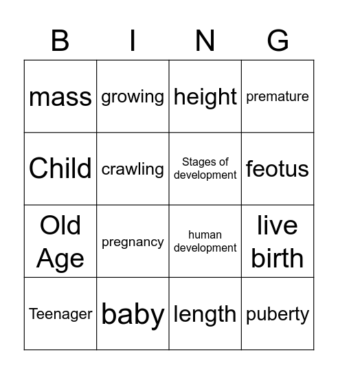 Stages of human development Bingo Card