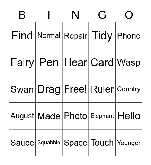 Spelling Recap Bingo Card