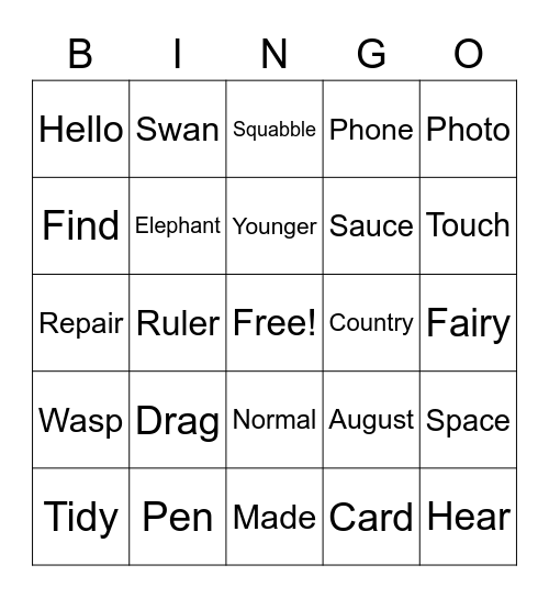 Spelling Recap Bingo Card