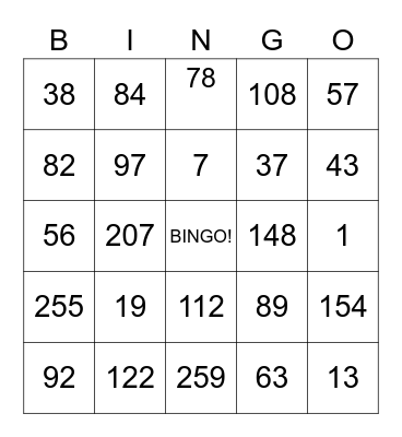 Number Bingo 0-200 Bingo Card