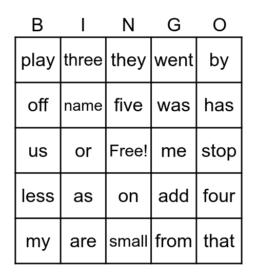 Sight Words Bingo Card