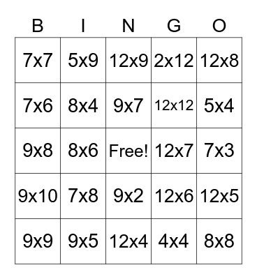 Multiplication BINGO Card