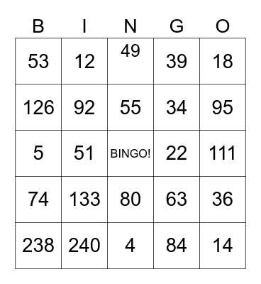 Number Bingo 0-200 Bingo Card