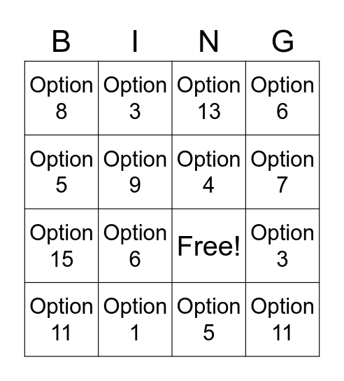 Choice Board BING Bingo Card