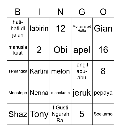 Nana's Bingo Card