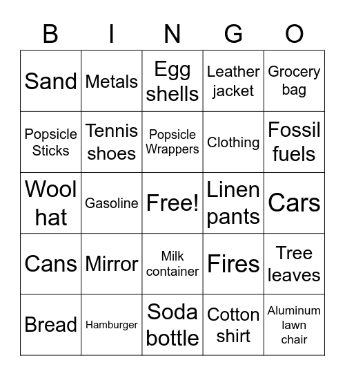 Pollution Bingo Card