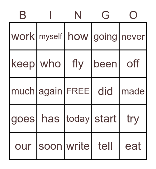 Sight Word Bingo Card