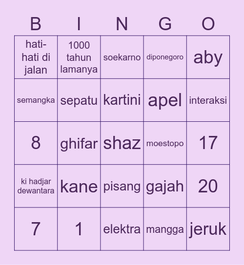 shaz Bingo Card