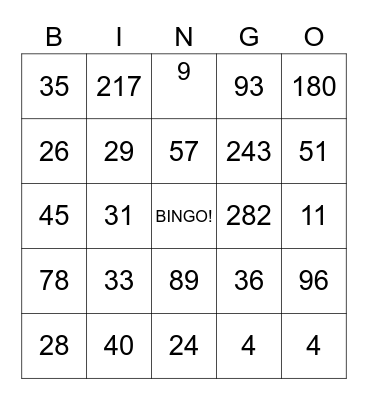 Number Bingo 0-200 Bingo Card