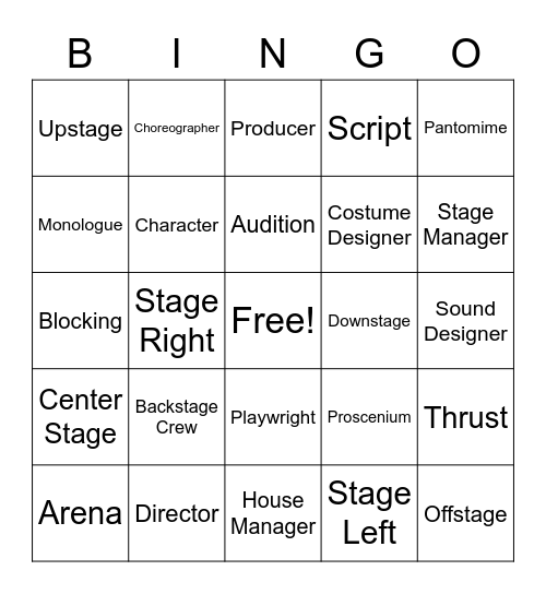 Semester Theatre Vocabulary Bingo Card