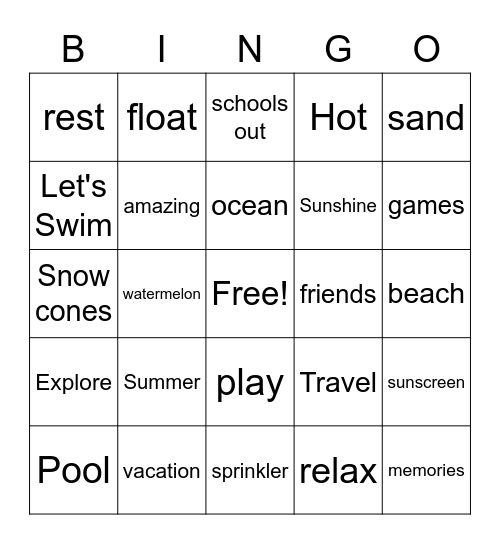 Schools Out Bingo Card