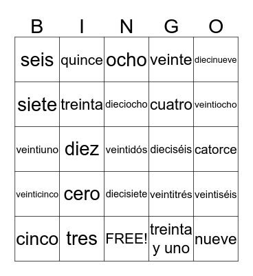 Numeros Bingo Card