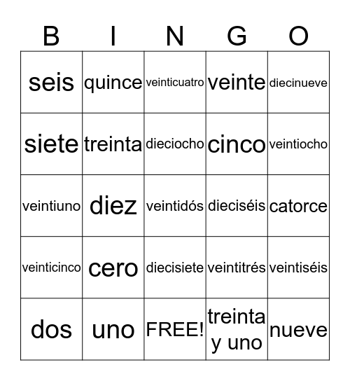 Numeros Bingo Card