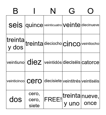 Numeros Bingo Card