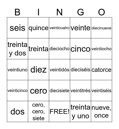 Numeros Bingo Card