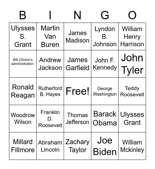 Presidents Facts 1 Bingo Card