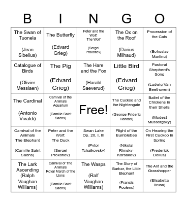 Classical Animal Songs Bingo Card