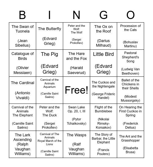 Classical Animal Songs Bingo Card