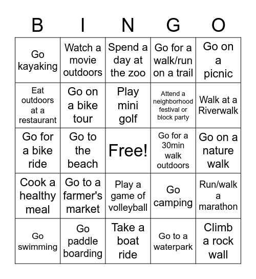 Summer Wellness Bingo Card Bingo Card