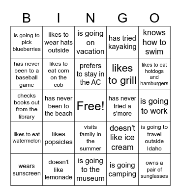 Find someone who - summer activities Bingo Card