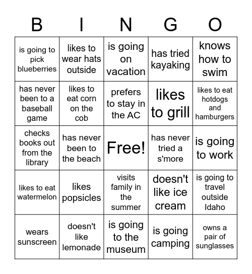 Find someone who - summer activities Bingo Card