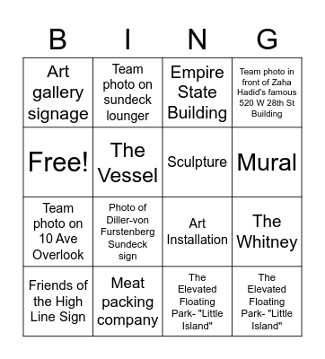 High Line Scavenger Hunt Bingo Card