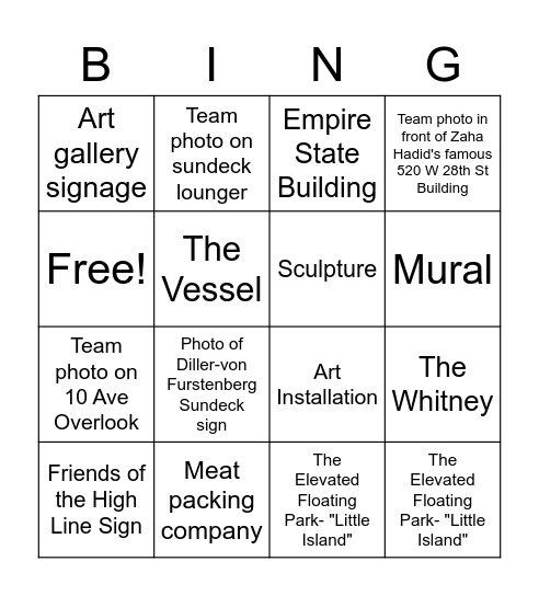 High Line Scavenger Hunt Bingo Card