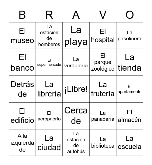 La ciudad/preposiciones Bingo Card