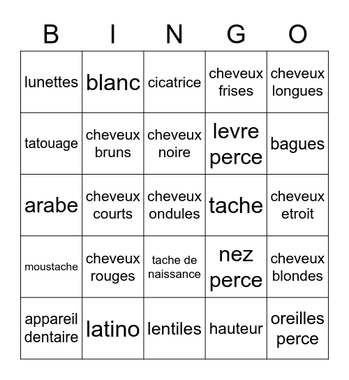 Les Characterisqtiues Physiques Bingo Card