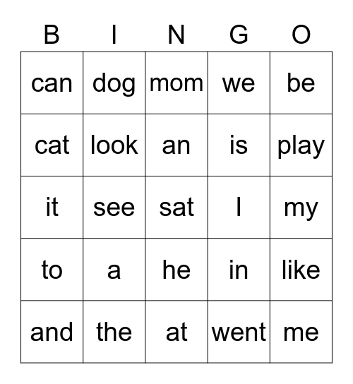 Kindergarten Snap Words Bingo Card