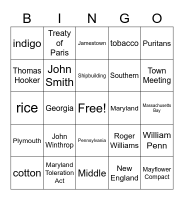 13 Colonies Bingo Card