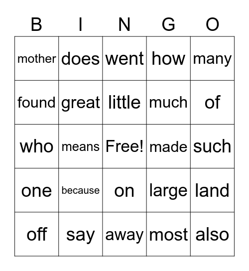 Sight Words 8 Bingo Card