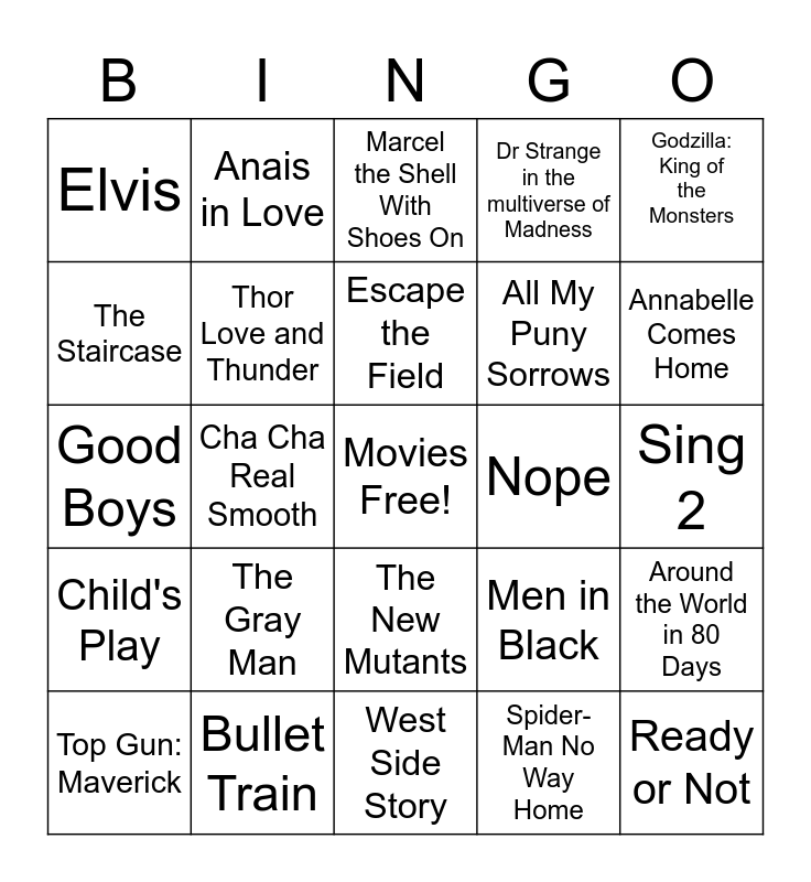 Summer Movies Bingo Card