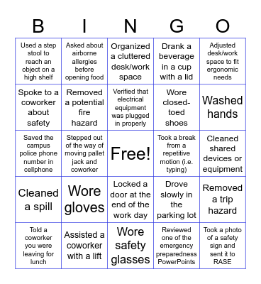 Administrative Safety Bingo Card