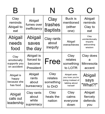 Abigail and Clay Bingo! Bingo Card