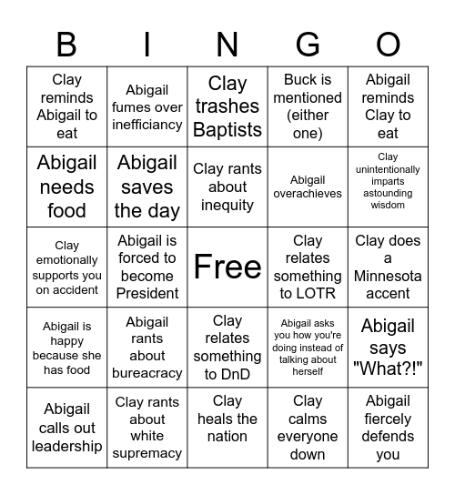 Abigail and Clay Bingo! Bingo Card