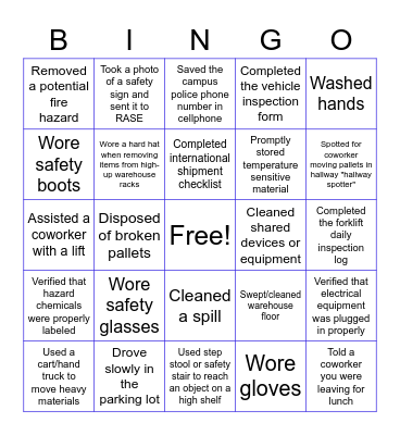 Warehouse Safety Bingo Card