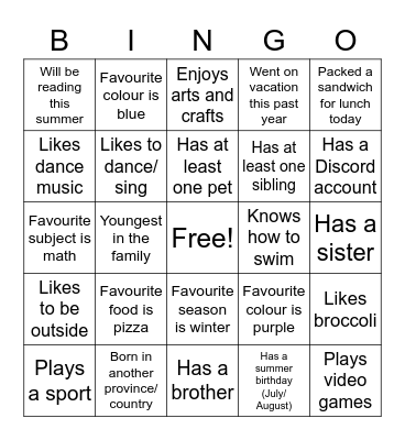 Getting to Know You Bingo Card