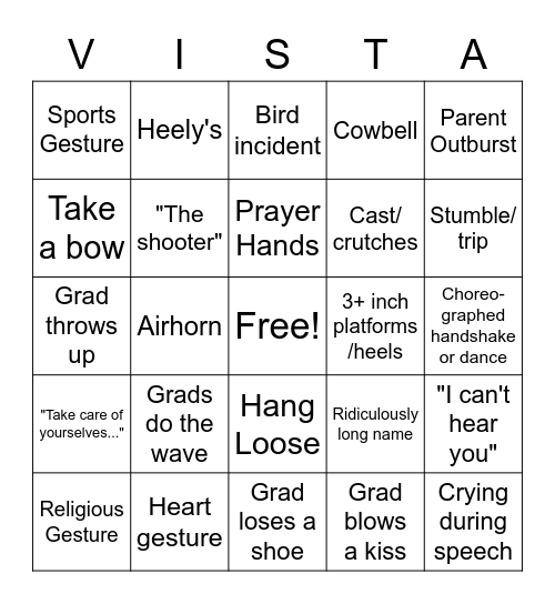 Vista Grad Bingo Card