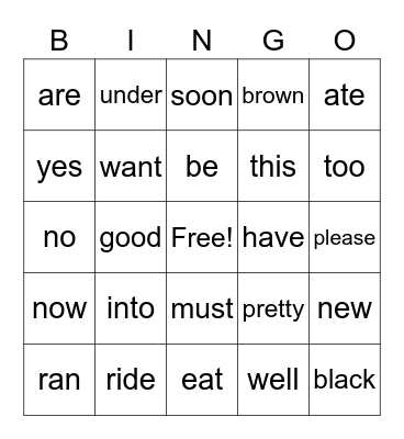Sight Words Bingo Card