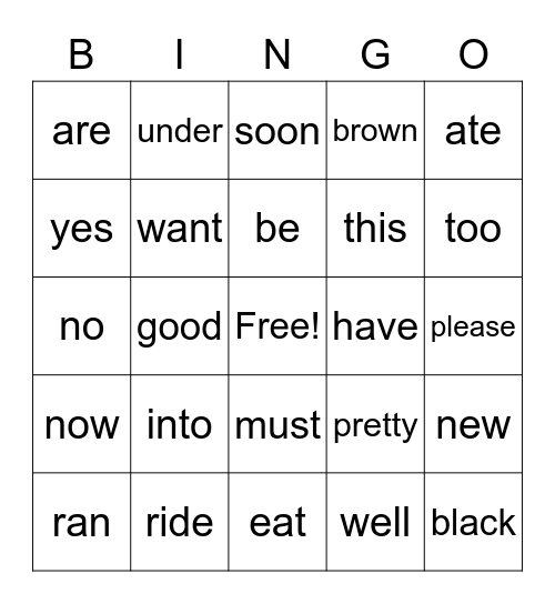 Sight Words Bingo Card