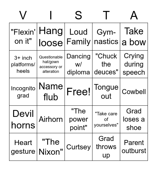 Vista Grad Bingo Card