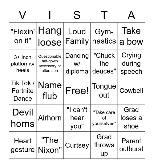 Vista Grad Bingo Card