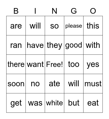 Sight Words Bingo Card